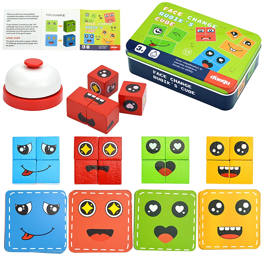 Children Montessori Emotion Change Building Blocks Feeling  Expressions Puzzles Educational Kid Card Match Game With Bell Ring